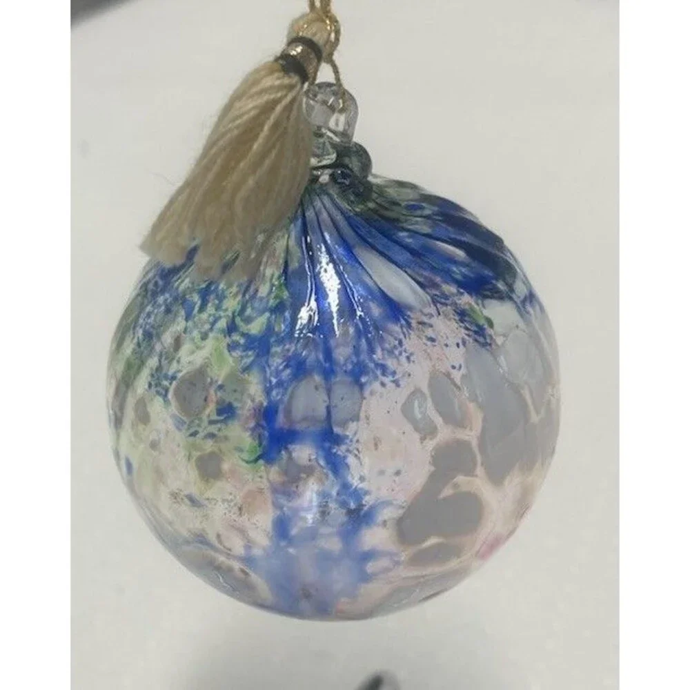 Hand Blown Art Glass Hanging Ball Swirl Patriotic Orb Ornament Sun Catcher NICE!